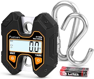 Fuzion Hanging Scale 440lb/200kg, Mini Crane Scale, Snap-Fit Lifting Ring | Tool-Free, Stainless Steel Hook, Hold/Tare Function, Clear Display, Digital Hanging Scales for Fishing, Hunting, Farm, Garage