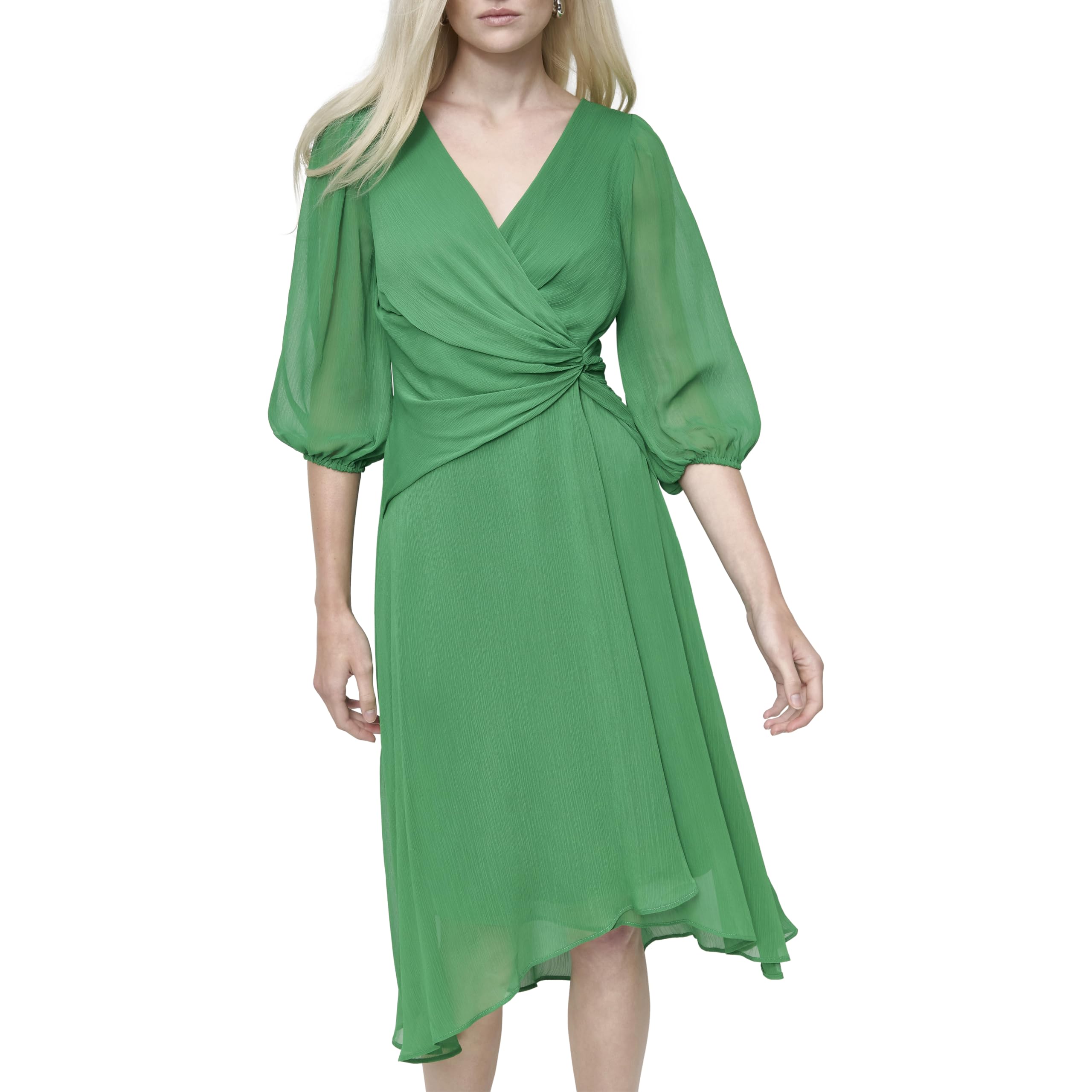 DKNY Women's 3/4 Balloon Sleeve Twist Front Chiffon Midi Dress