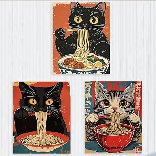 3 PCs Vintage Cat Wall Art Prints Kitchen Decor Funny Animal Wall Decor Japanese Art Ramen Noodles Poster Trendy Painting for Dinging Room Bedroom Living Room Home Decorations, Unframed