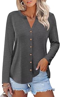 ORANDESIGNE Camicie da donna a maniche lunghe con bottoni, tuniche autunnali da donna con scollo a V