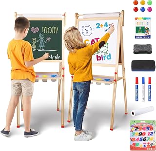 YOHOOLYO Kids Easel Standing Art Easel for Kids, Double Sided Children Pink Purple Easel Magnetic Chalkboard Whiteboard Dry Eraser Board Great Gift for Girls (Beige)