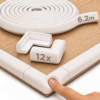 Hoffenbach 12x Baby Corner Protectors & 6.2m Soft Foam Edge Guard for Kids – Self-Adhesive Bumpers for Child Safety, Furniture, Desks, Tables – Safe & Durable – Creamy White