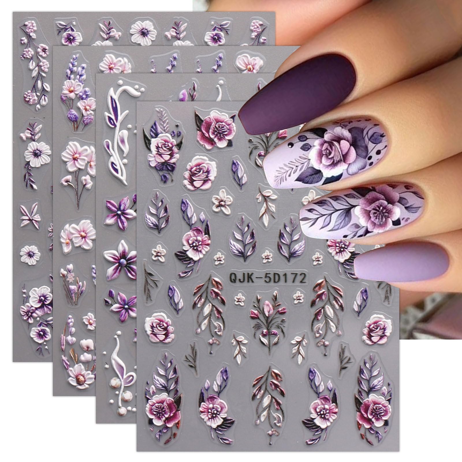 JMEOWIO 3D Embossed Flower Nail Art Stickers Decals Self-Adhesive 5D Spring Summ