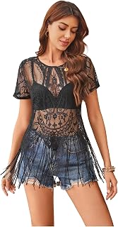 Women's Sheer Lace Fringe Short Sleeve Tops See Through Tassel T-Shirt Western Outfit