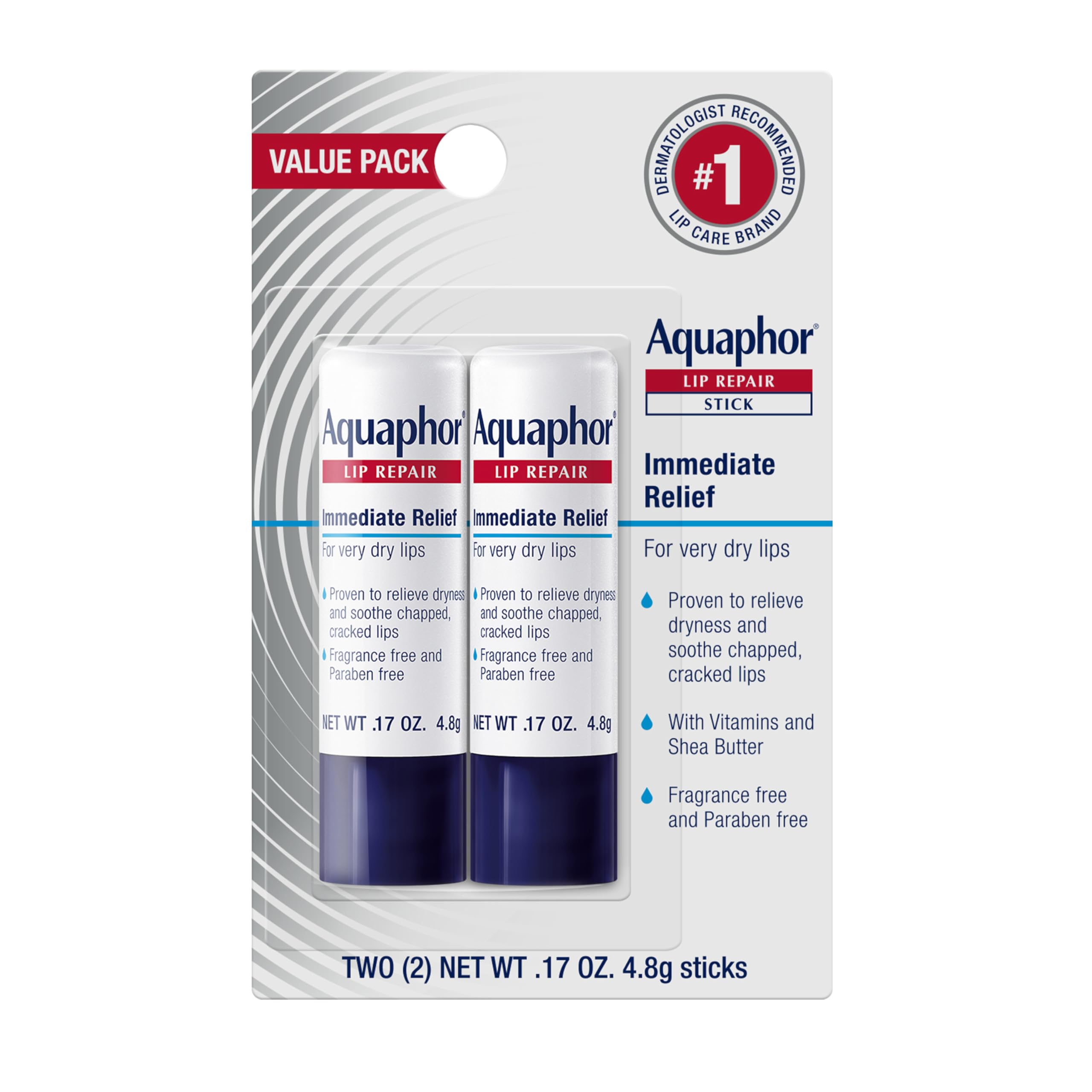 Aquaphor Lip Repair Stick, Value Pack, 2 x 0.17 OZ | Lip Balm Moisturizers with 