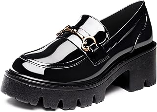 Black Platform Loafers for Women, Chunky Heel Dress Shoes for Work