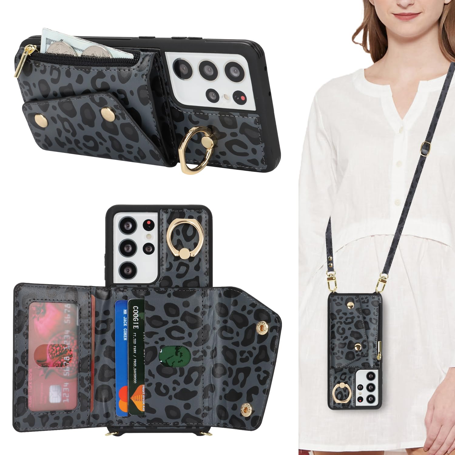 Lipvina for Samsung Galaxy S21 Ultra Case with Card Holder and Strap - Zipper Po