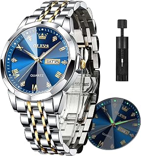 Men's Casual Stainless Steel Watch, Big Face Easy to Read Analog Quartz Watch with Day and Date, Classic Waterproof Diamond Roman Arabic Numerals Dial Dress Watch for Men, Gold Silver Black Band