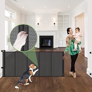 96" Wide Reinforced Retractable Baby Gates, Prevent Crawling Under, Black | Indoor/Outdoor Retractable Dog Gate, Space-Saving, Easy One-Hand Operation, Scratch-Resistant Mesh, Safety Lock, Easy Install