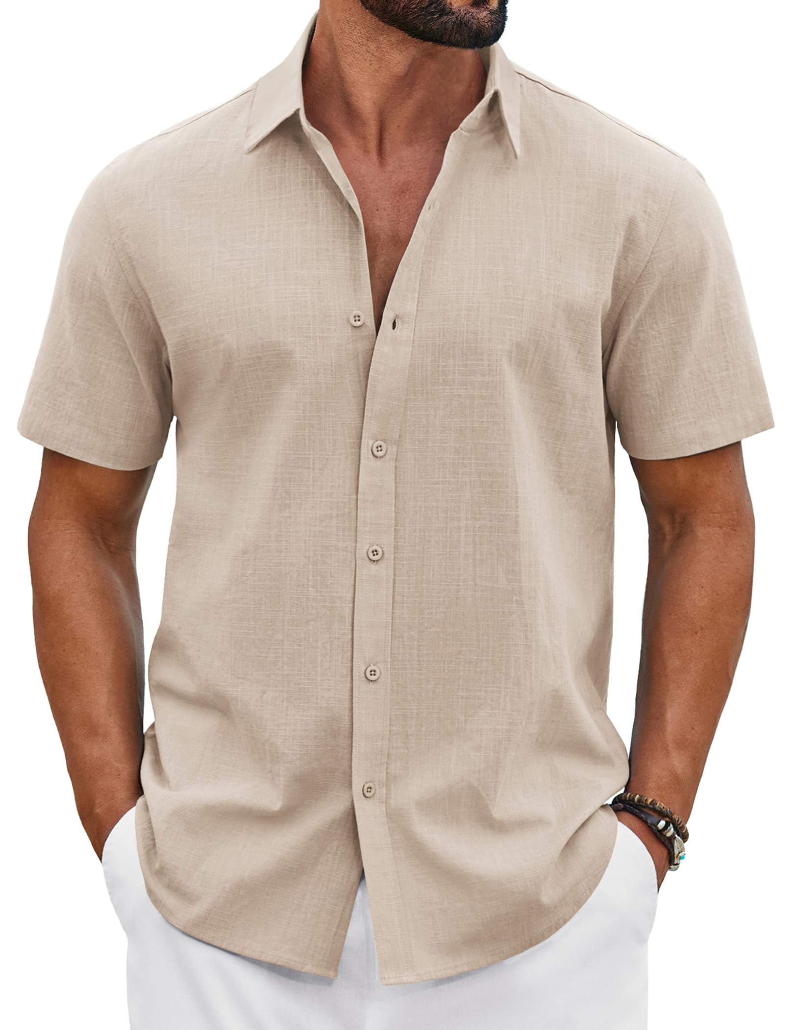 COOFANDY Mens Button Down Shirts Short Sleeve Casual Shirt Cotton Summer Beach L