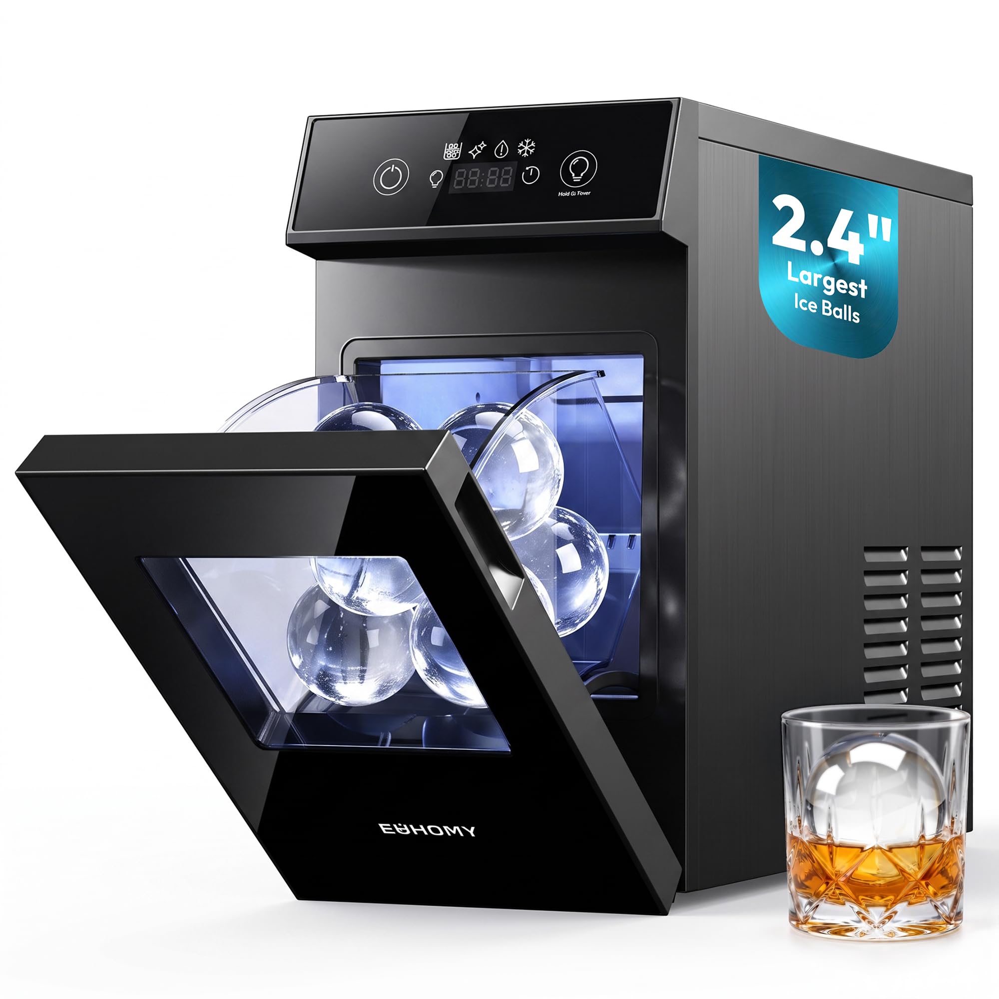 EUHOMY 2.4" Clear Ice Ball Maker Countertop, 2Pcs in 60Mins, 48Pcs/Day, Timer, S