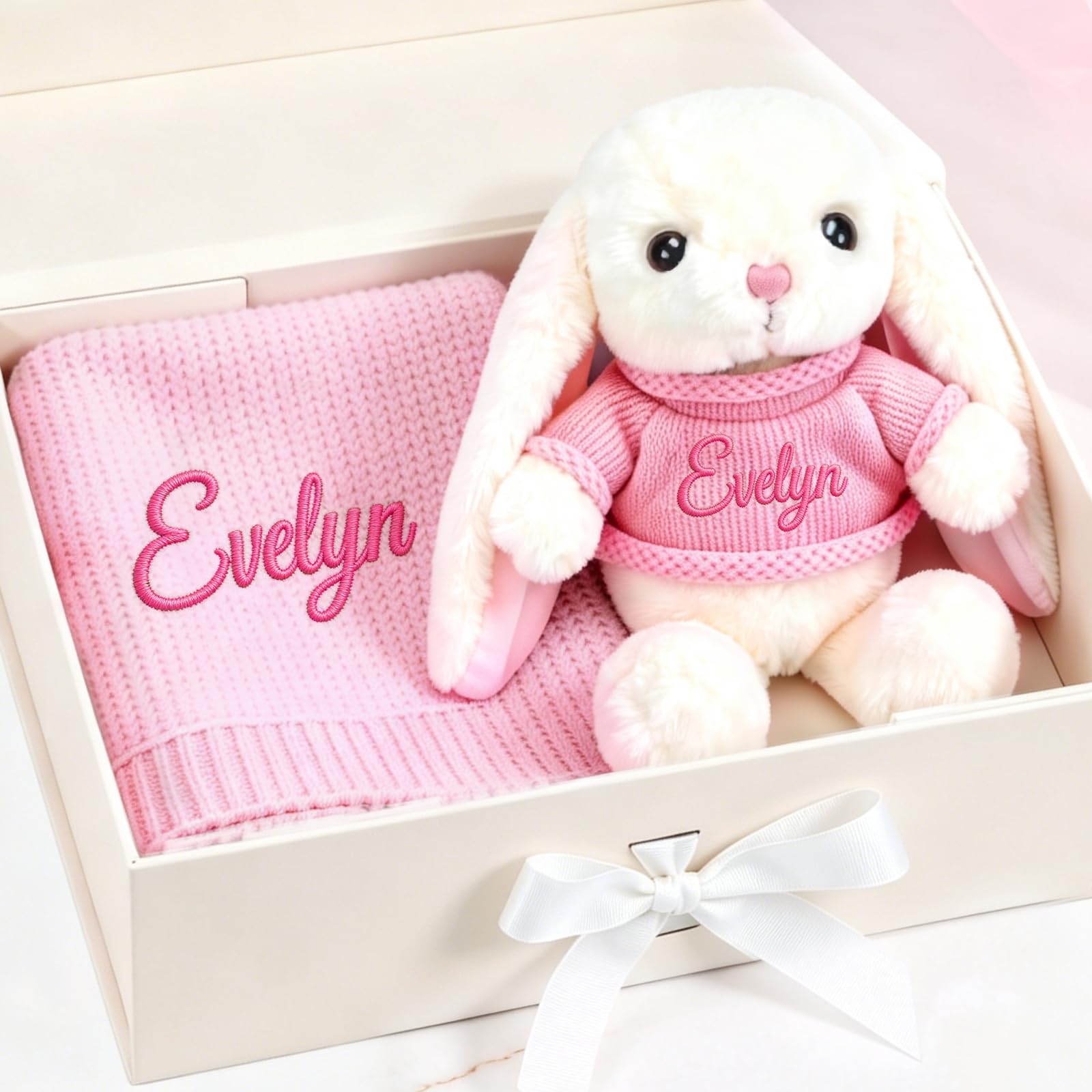 Personalized Baby Blanket with Qptional Bunny Gifts Set with Name, Custom Name E
