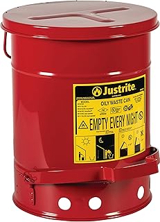 Justrite 6 Gallon Galvanized Steel Oily Waste Can | 16" x 12" Metal Oil Rag Safety Can With Foot Operated Self-Closing Lid for Oil Rag Disposal, Made in the USA, Red, 09100