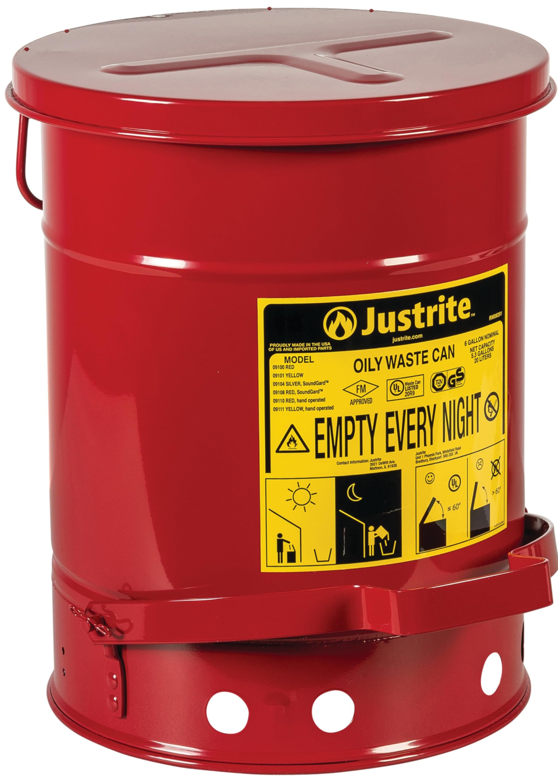 Justrite 6 Gallon Galvanized Steel Oily Waste Can | 16" x 12" Metal Oil Rag Safe