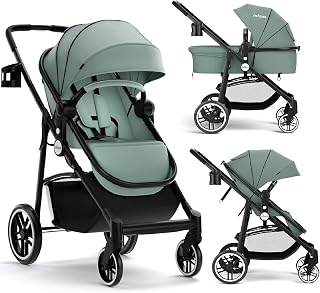 INFANS 2 in 1 Baby Stroller, High Landscape Infant Stroller & Reversible Bassinet Pram, Foldable Pushchair with Adjustable Canopy, Cup Holder, Storage Basket, Suspension Wheels (Green)