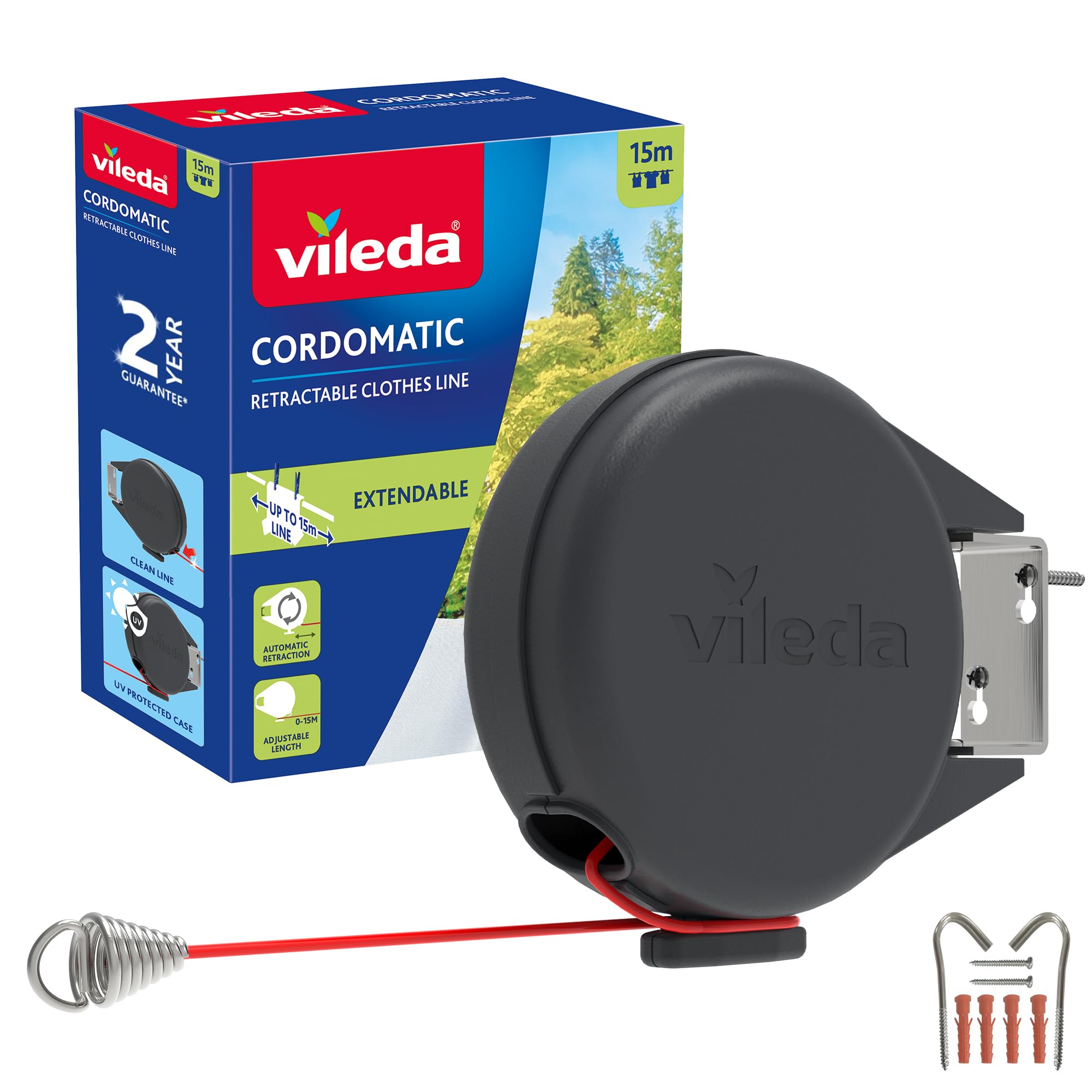 Vileda Single Cordomatic Retractable Washing Line, 15m, Holds up to 15kg | Exten