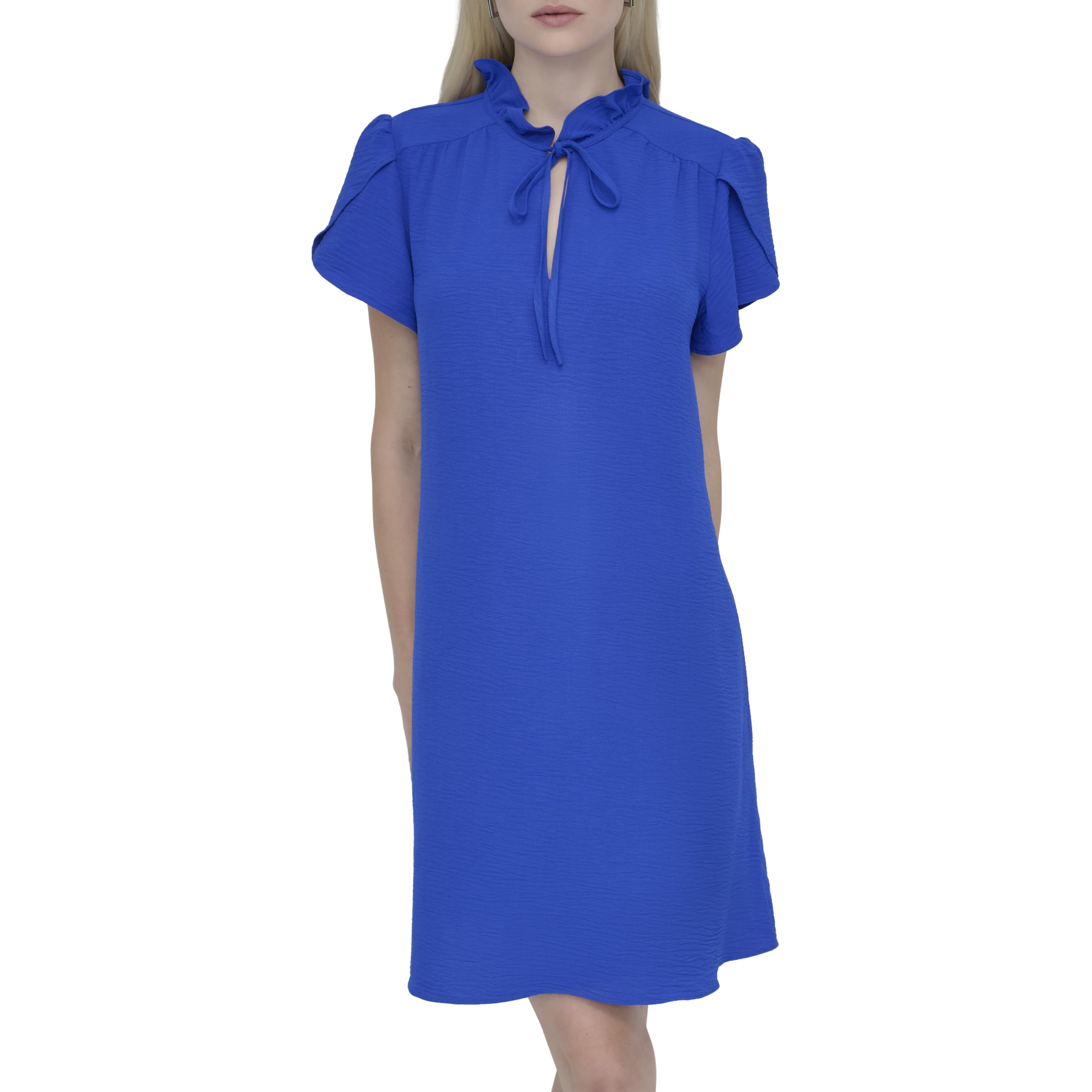 DKNY Women's Front Tie Ruffle Neckline Trapeze Dress