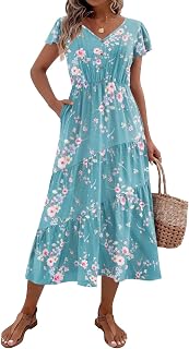 Zeagoo Women's Summer Casual Dress Short Sleeve V Neck Button Down Tiered Dresses with Pockets