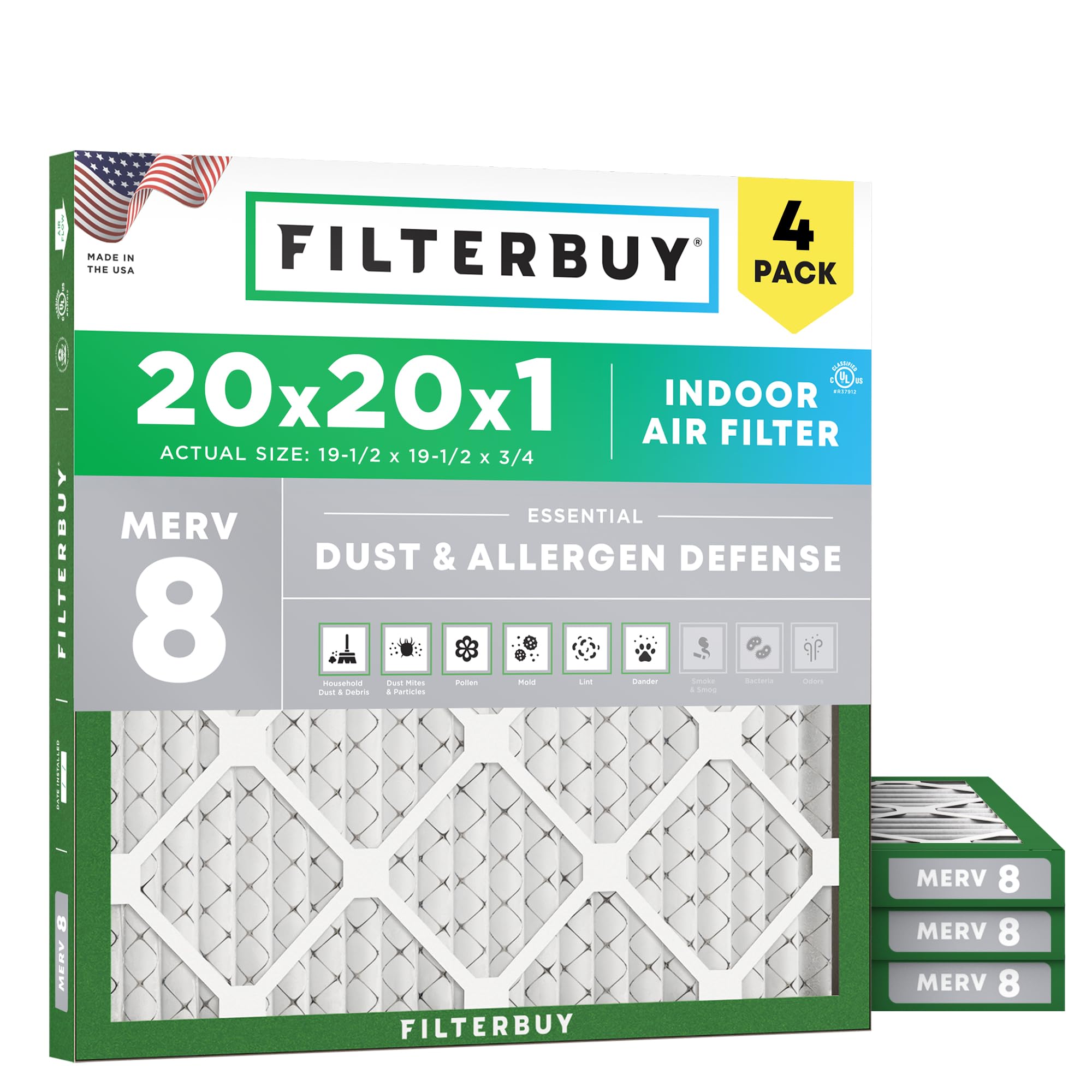 Filterbuy 20x20x1 Air Filter MERV 8 Dust & Allergy Defense (4-Pack) | Electrosta