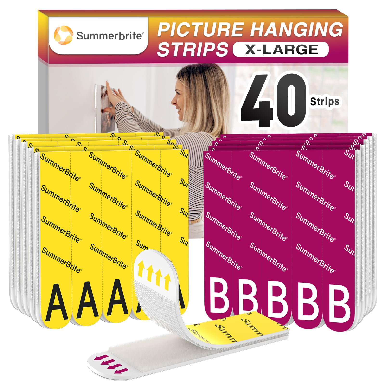 Summerbrite Picture Hanging Strips Without Holes, 20 Pairs (40 Strips, XL)