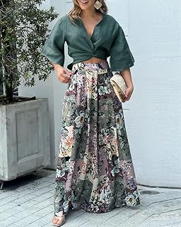 Women's 2 Piece Set Deep V Neck Crop Top Floral Print Pleated Wide Leg Pants Elegant Party Wear