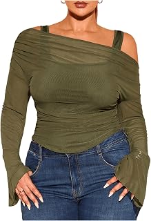 WDIRARA Women Plus Size 2 in 1 Off Shoulder Top Sheer Bell Long Sleeve Tee