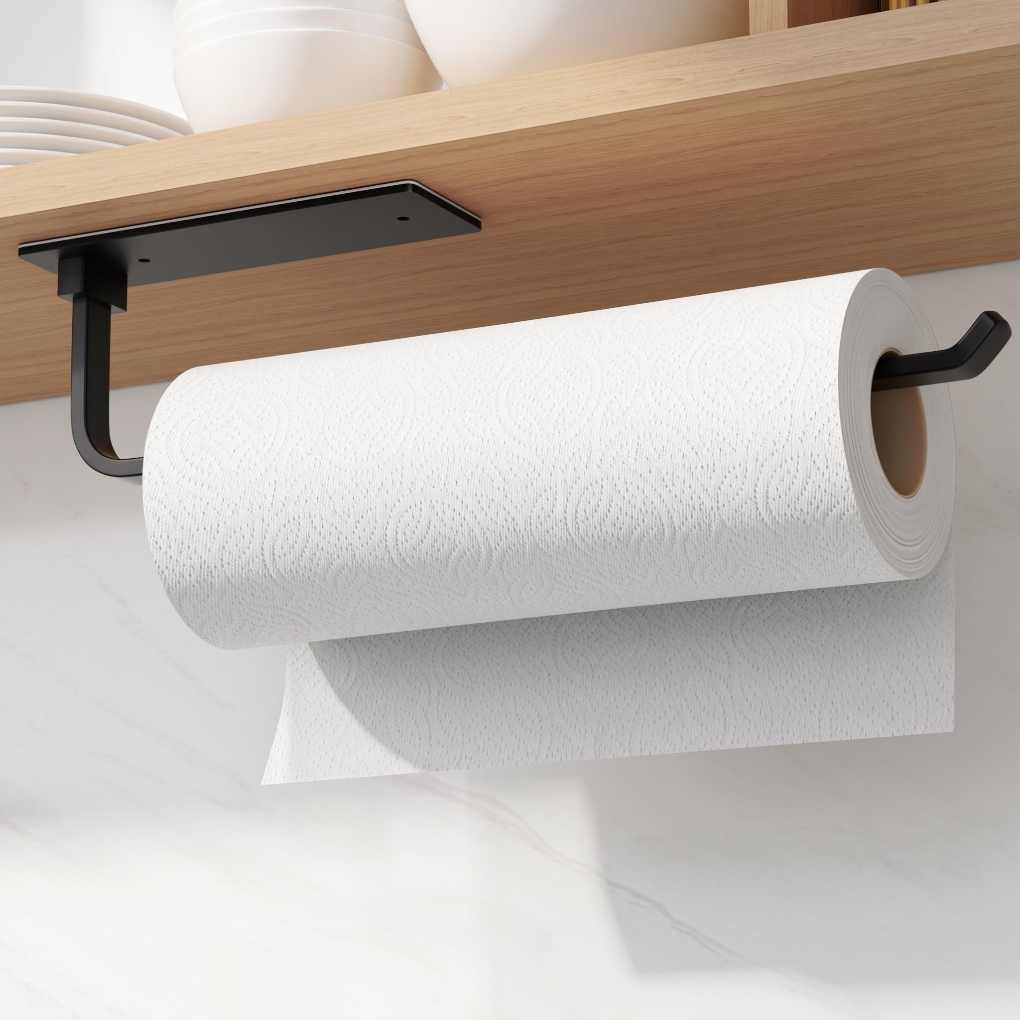Paper Towel Holder Under Cabinet, Self-Adhesive or Drilling, Matte Black | Kitch