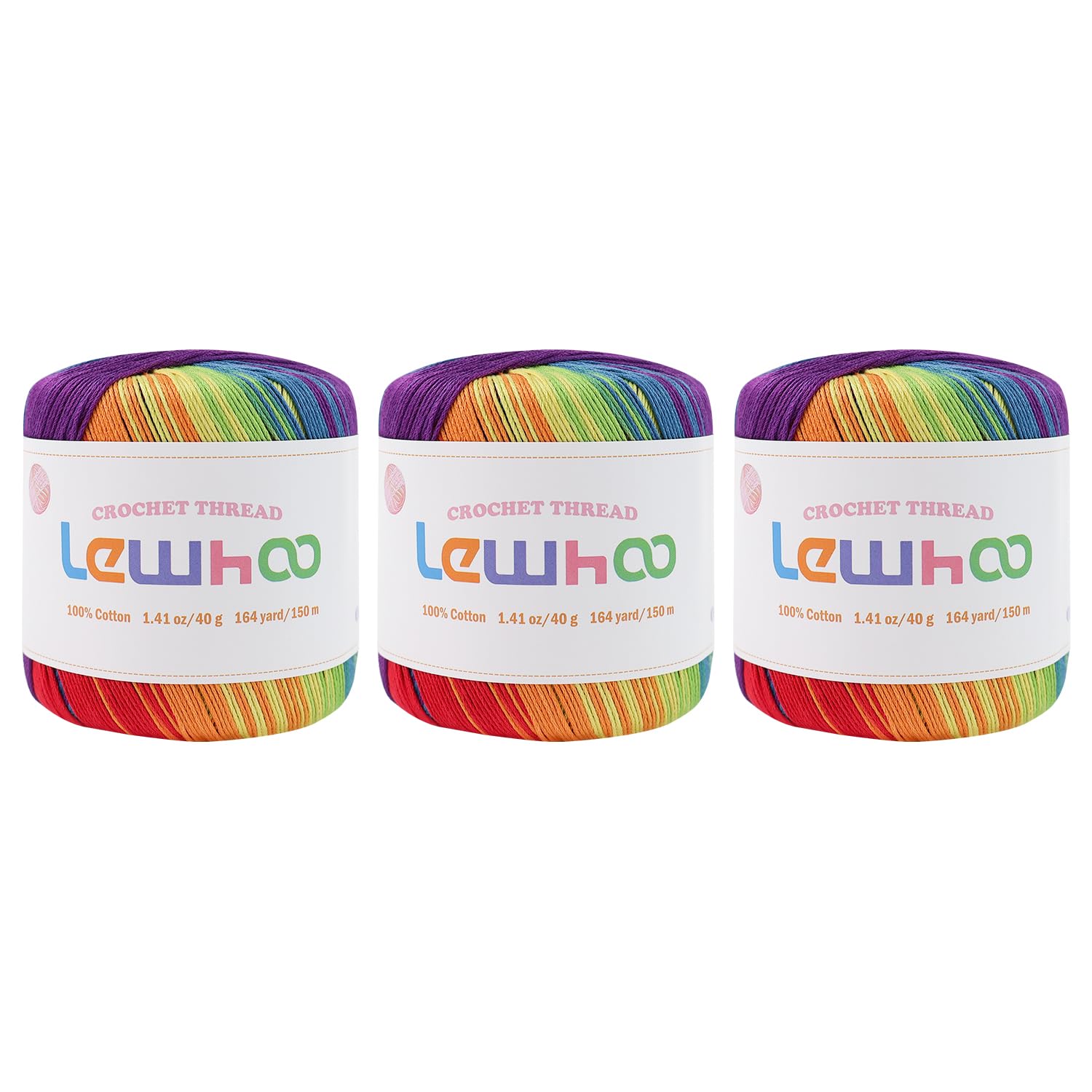 Lewhoo Crochet Thread Size 3, 3 Pack 100% Cotton Lace Yarn Set Rainbow | 40g Bal