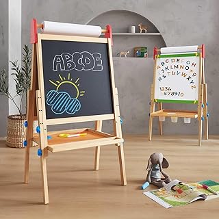 Tiny Land Wooden Easel for Kids, Art Easel with Chalkboard & Whiteboard | Sturdy solid pine frame, 2 drawing paper rolls, Double-sided board, 3 adjustable heights, Art Learning Toy for Ages 3-12