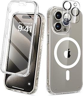Magnetic for iPhone 15 Pro Case Built-in Screen Protector, Clear