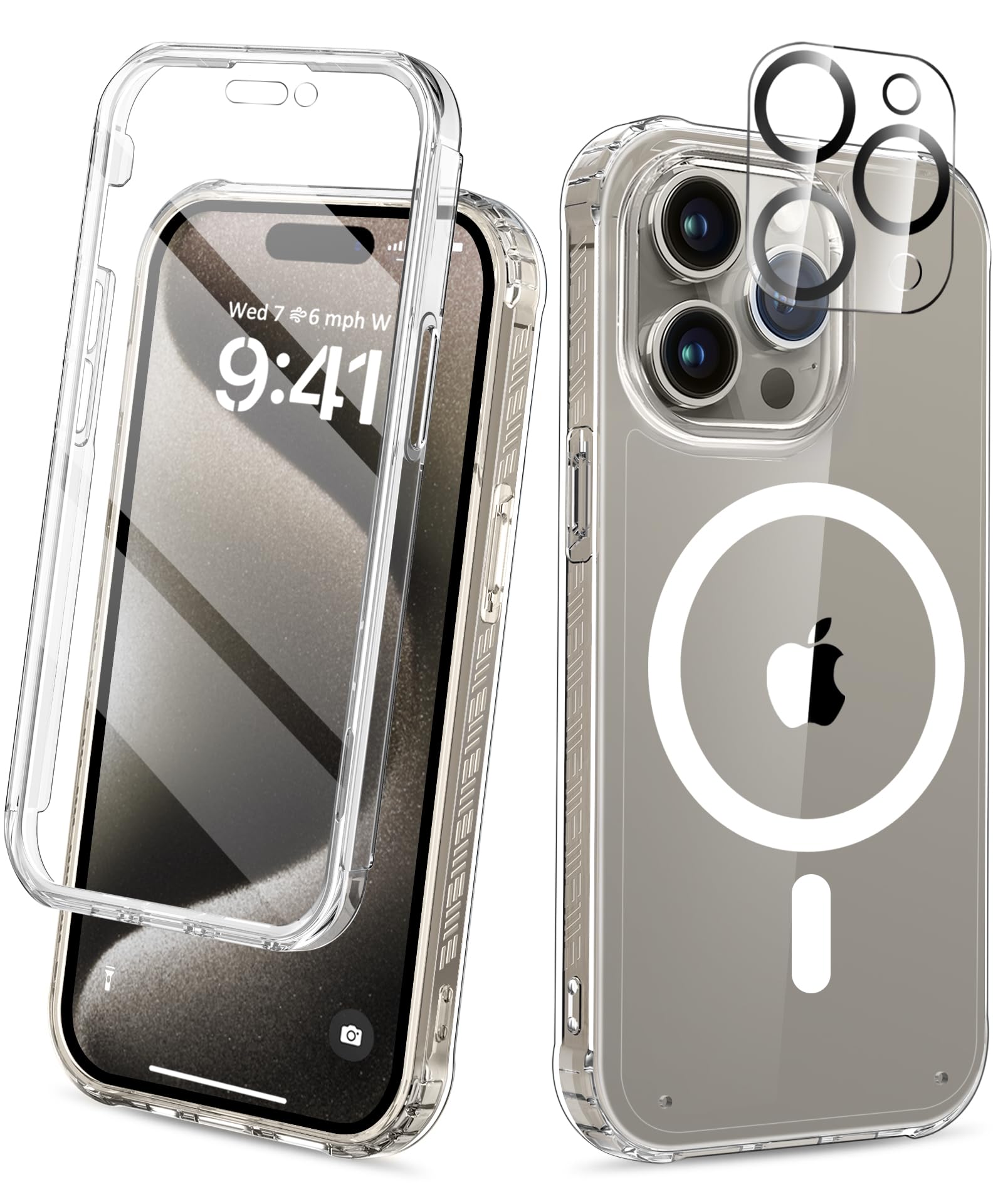 Magnetic for iPhone 15 Pro Case Built-in Screen Protector, Clear
