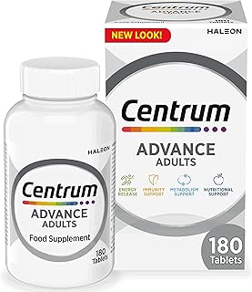 Centrum Advance Multivitamin Tablets, 24 Nutrients, 180 Count | Adult multivitamin tablets, 24 nutrients, vitamin D and C, calcium, daily supplement, men and women, gluten free