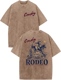 Bobeutou Western Shirts for Men Vintage Rodeo Cowboy Shirt Oversized Graphic Tees Country Concert Acid Wash T-Shirts Tops