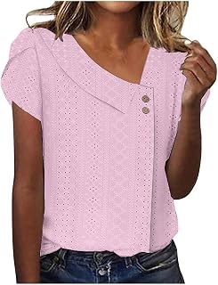 Shiyingl Women's Tops Eyelet 2026 Vacation Boho Shirts V Neck Button Down Blouses Loose Comfy Short Sleeve Tunic