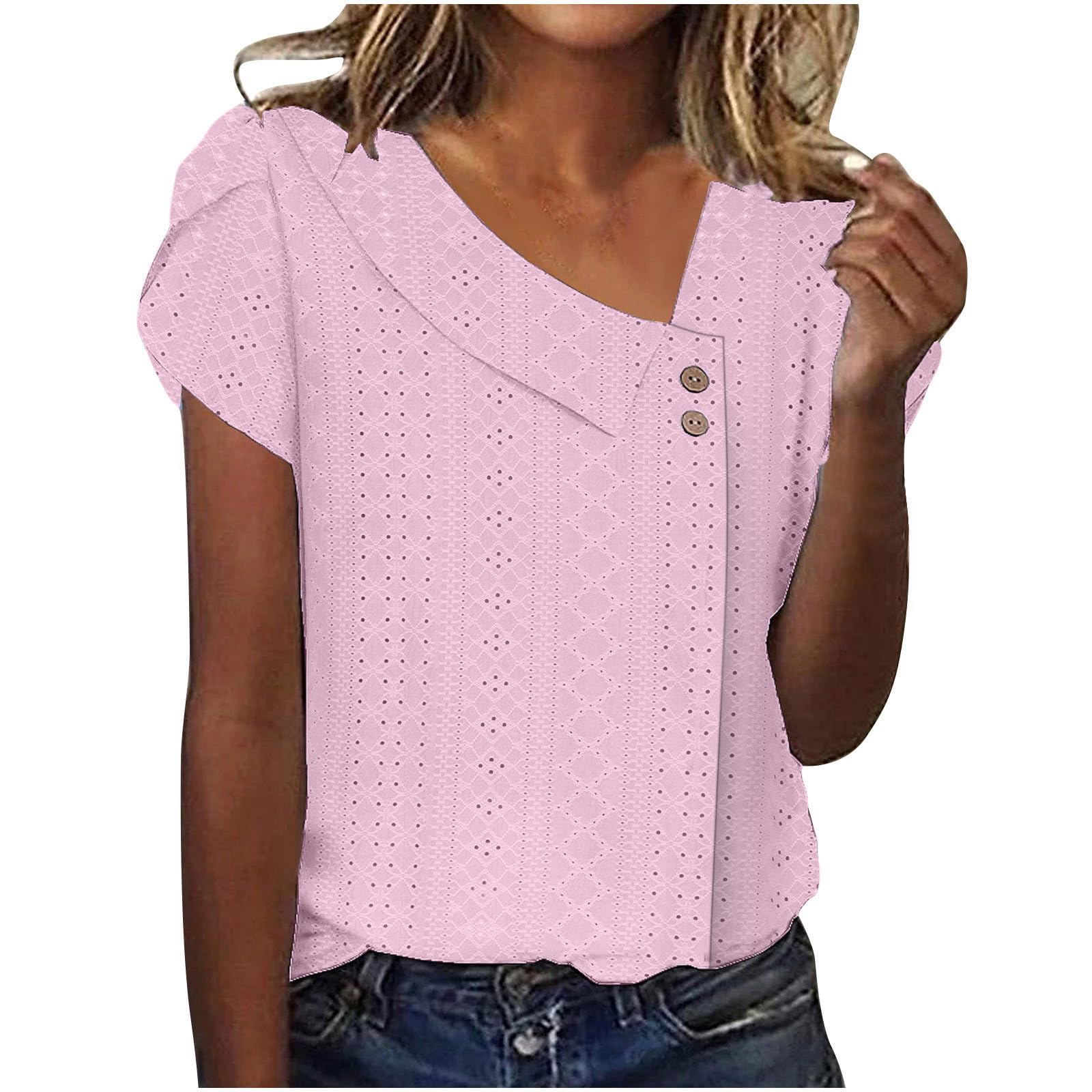 Shiyingl Women's Tops Eyelet 2026 Vacation Boho Shirts V Neck Button Down Blouse