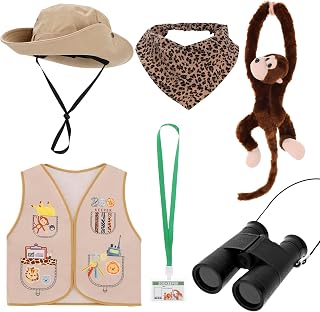 Faelhacon 6Pcs Zookeeper Costume - Jungle Explorer Themed Outfit - Keeper Vest, Hat, Monkey Decor Prop, Triangle Bandana, Work ID Badge & Binoculars - Safari Animal Cosplay for Adult Themed Event