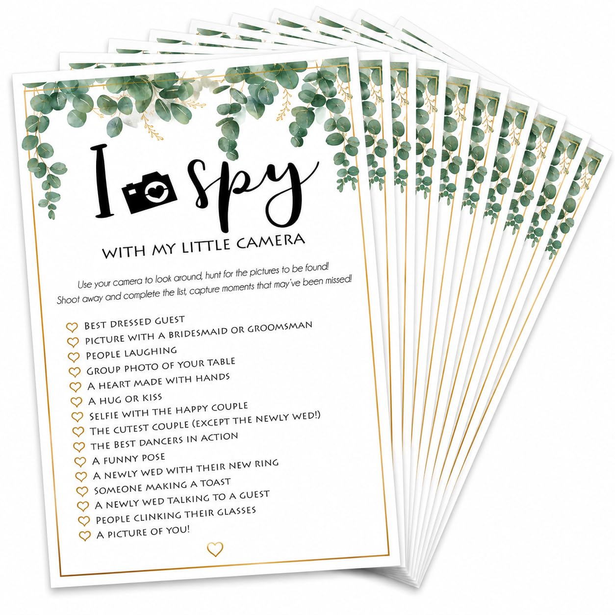 Wedding I Spy Game – 10 A6 Guest Photo Challenge Cards – Eucalyptus | 10 A6 card