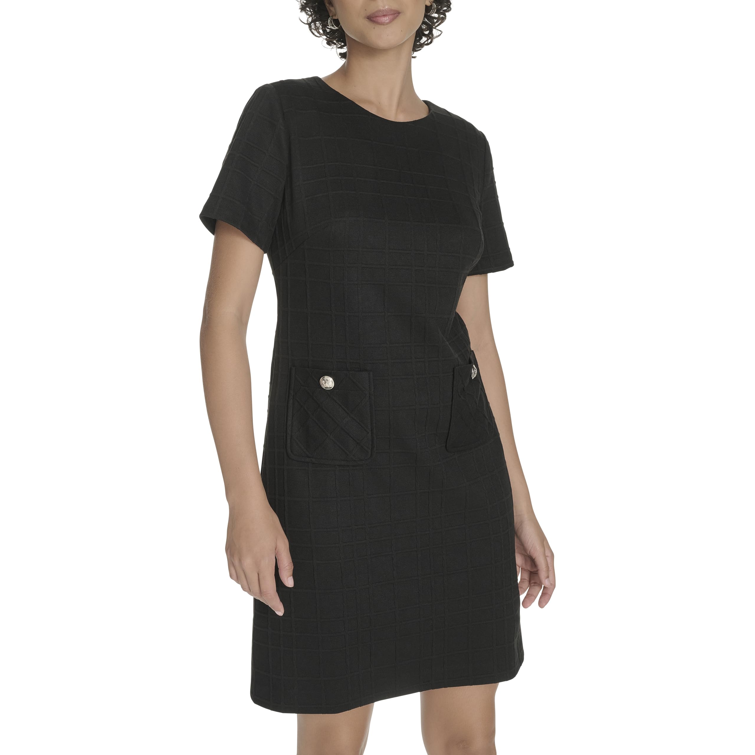 Tommy Hilfiger Womens Short Sleeve High Neck Novelty Button Sheath Mini DressDre
