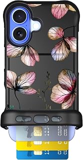 Scooch® Wingmate - Custodia a portafoglio per iPhone 16 con porta carte, con slot per carte nascosto e protezione RFID, contiene da 3 a 4 carte, protezione contro le cadute da 3 piedi, fiori secchi
