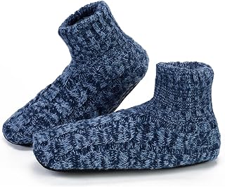 LEMZONE Mens Warm Slipper Socks with Grippers Winter Fuzzy House Shoes