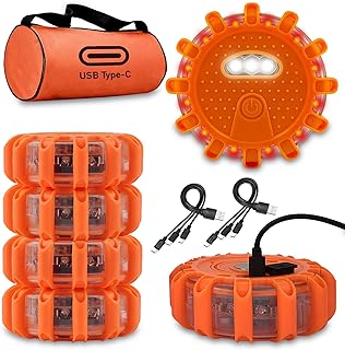 Ecoangel USB-C Rechargeable LED Road Flares Emergency Lights for Vehicles | Large-Size, Waterproof &amp; Crushproof, 9 SOS flash modes, magnetic base, for Vehicles &amp; Boat, USB-C rechargeable, 3 in 1 Cable