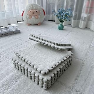 Interlocking Carpet Shaggy Soft EVA Foam Mats White 12 Pcs | Fluffy Area Rugs Protective Floor Tiles Exercise Play Mat for Children Kids Room Home Parlor Bedroom