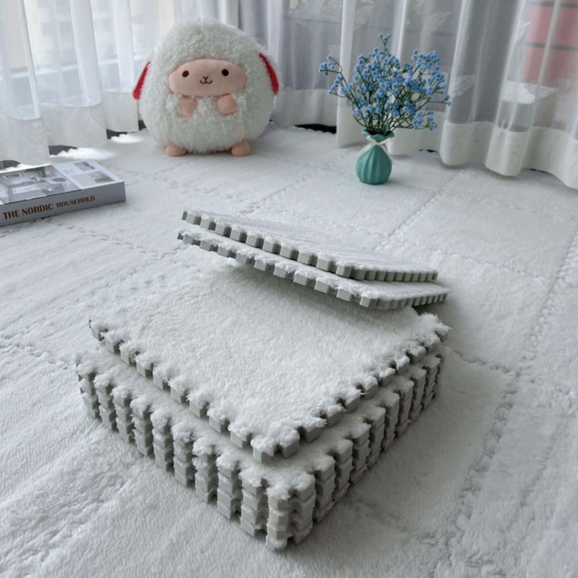 Interlocking Carpet Shaggy Soft EVA Foam Mats White 12 Pcs | Fluffy Area Rugs Pr