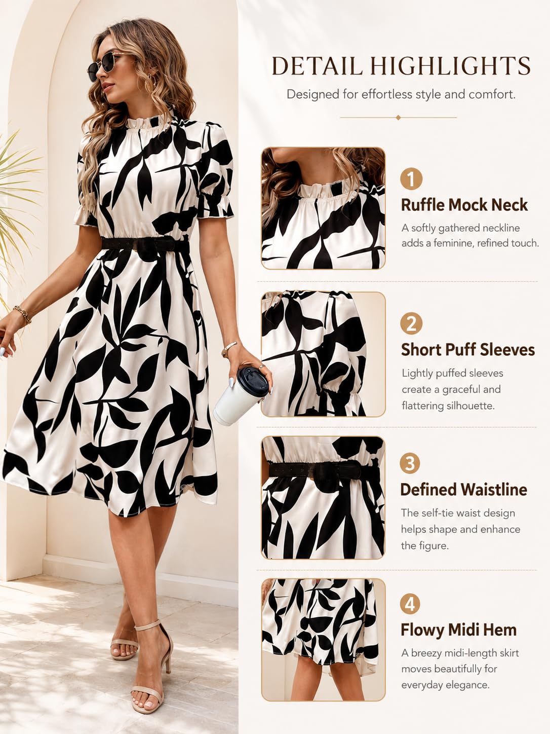 Womens Black White Leaf Print Mock Neck Puff Sleeve Waist Tie Midi Dress Satin F