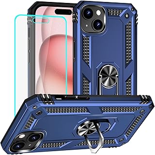 Yiakeng for iPhone 15 Case: iPhone 15 Phone Case with HD Screen Protector - Military Grade Protective Cases with Ring for iPhone 15(Blue)