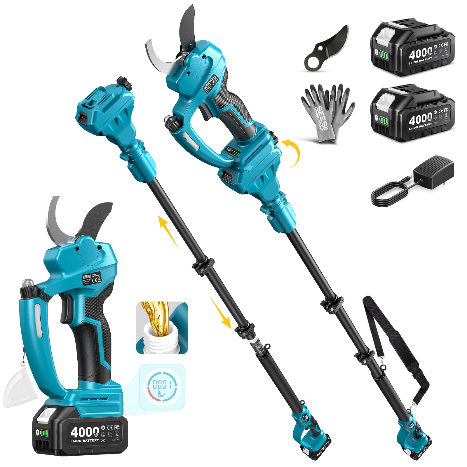 SEESII 2-in-1 Pole Electric Pruning Shears, 2.2" Cut Cordless Pole Pruner | One-