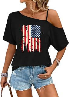 PECHAR 4th of July シャツ レディース USA 愛国的 オフショルダー Tシャツ アメリカ国旗 スパゲッティストラップ Tシャツ ルーズフィット トップス