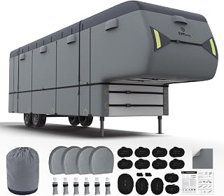 RVMasking 5th Wheel RV Cover, 9 Layers Waterproof Top(40'1"-43', Dark Gray) | Heavy Duty, Windproof, 4 Tire Covers, Rip-Stop, Anti-UV, Fit for Fifth Wheel