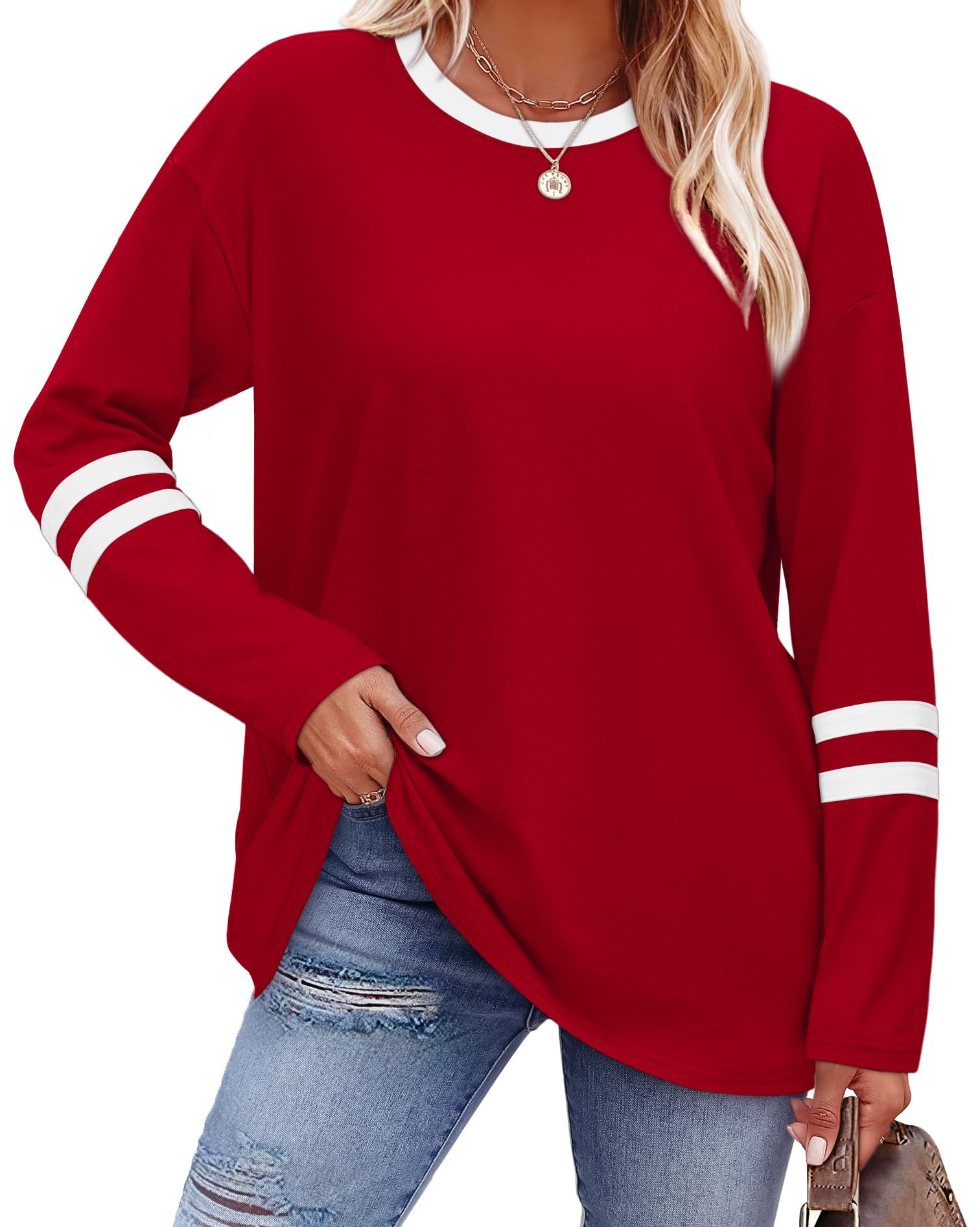 Sampeel Long Sleeve Shirts for Women Color Block Casual Tops Fall Outfits 2026 B