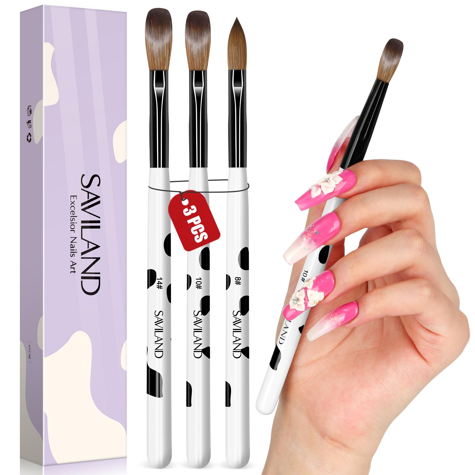 SAVILAND 3PCS Acrylic Nail Brush Set Size 8/10/14 Black & White | Kolinsky Acryl